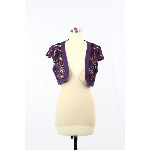 Vintage Made in India Purple Cotton Crochet Knit Shrug Cardigan Sweater, Size S - Picture 1 of 11